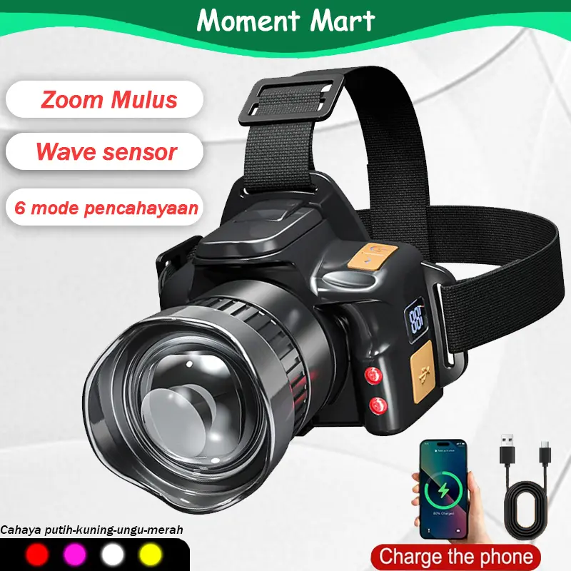 Senter Kepala Zoom Sensor Pintar 3 Warna Tampilan Digital Tahan Lama Anti Air Super Terang USB-C untuk Camping & Emergency