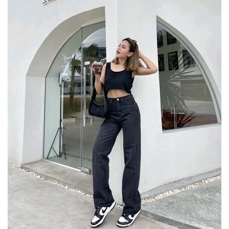 Celana Highweis Kulot Lose jeans //Celana Kulot cewek hightweist Lose jeans wanita Korea Panjang Nyaman Bawahan Waist Formal Loose Boyfriend Hitam Stretch 5