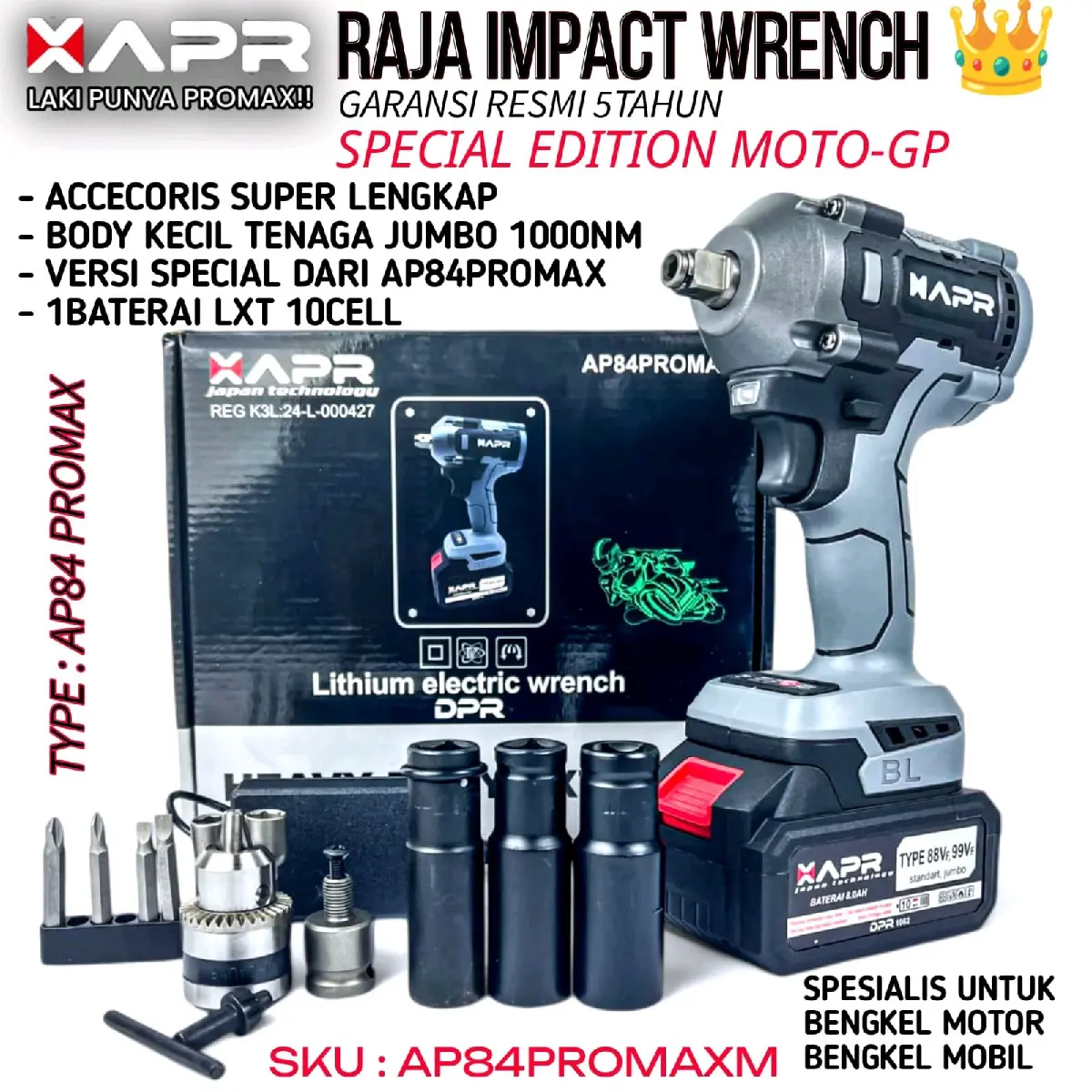 IMPACT WRENCH APR AP84PROMAX 1000nm 1/2inch body kecil tenaga jumbo 10 cell baterai