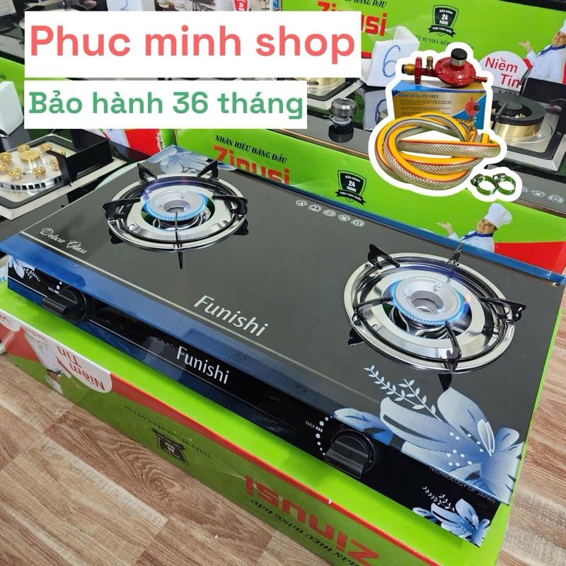 COMBO. BẾP KÈM VAN DÂY . Bếp đôi gas Funishi mặt kính (xanh) cường lực .ngọn lửa xanh tiết kiệm gas
