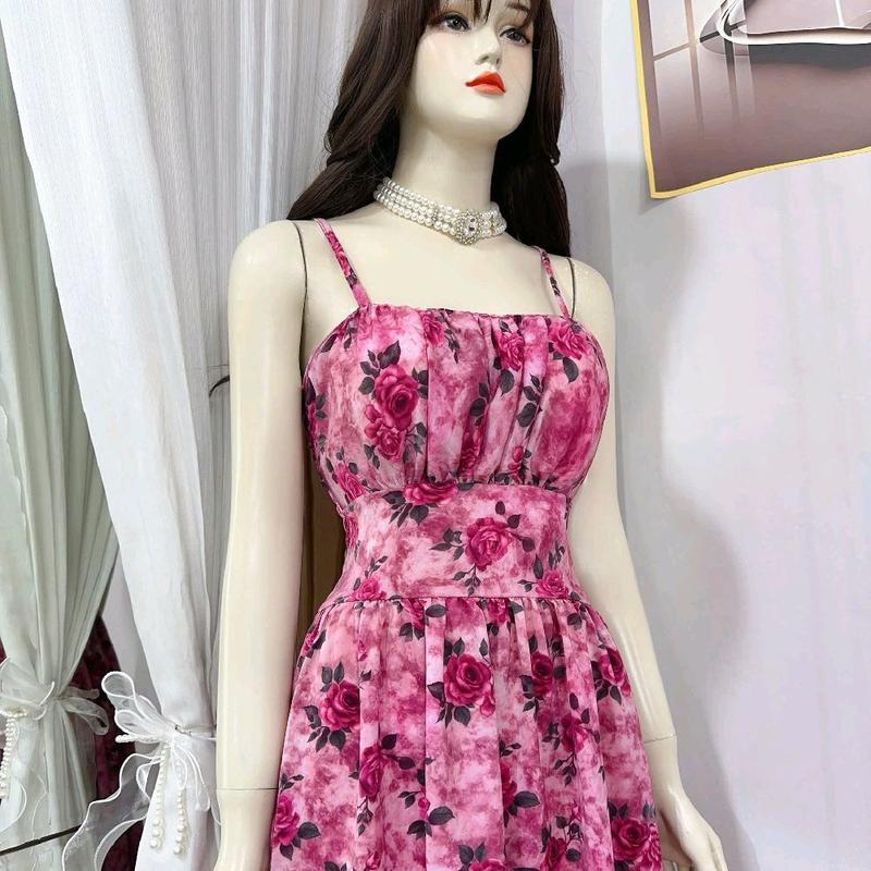 D05. Dáng dài+ lụa mango Đầm hai dây nhún eo dáng dài Dress Women Nữ