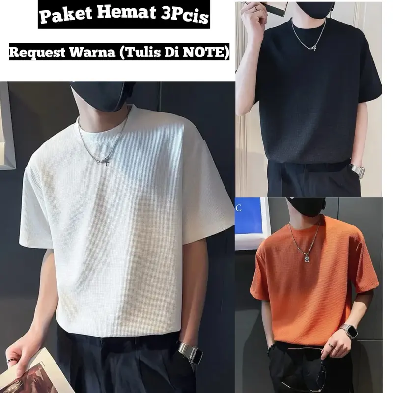 Paket Hemat 3Pcis Kaos Waffle Knit Lengan Pendek Pria - Baju Knitwear Hitam baju distro Jaket 8