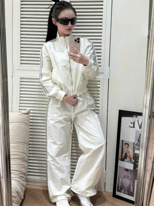 Set bộ gió nữ áo khoác mix quần suông ống rộng phối kẻ chất gió màu trắng dáng thể thao năng động cá tính S20