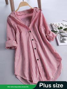 Camisa de rayas con botones de talla grande para mujer, top casual de manga larga y holgado, ideal para todas las estaciones, perfecta para la oficina y uso diario