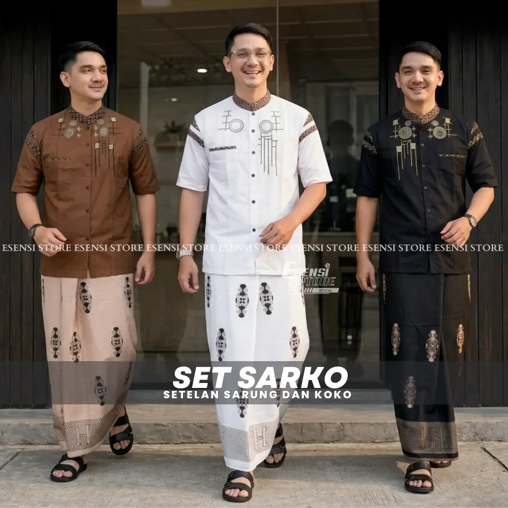 Paket Set Sarko Sarung Dan Baju Koko Pria Modern Motif Bordir Lato-Lato Terbaru 2025 Premium