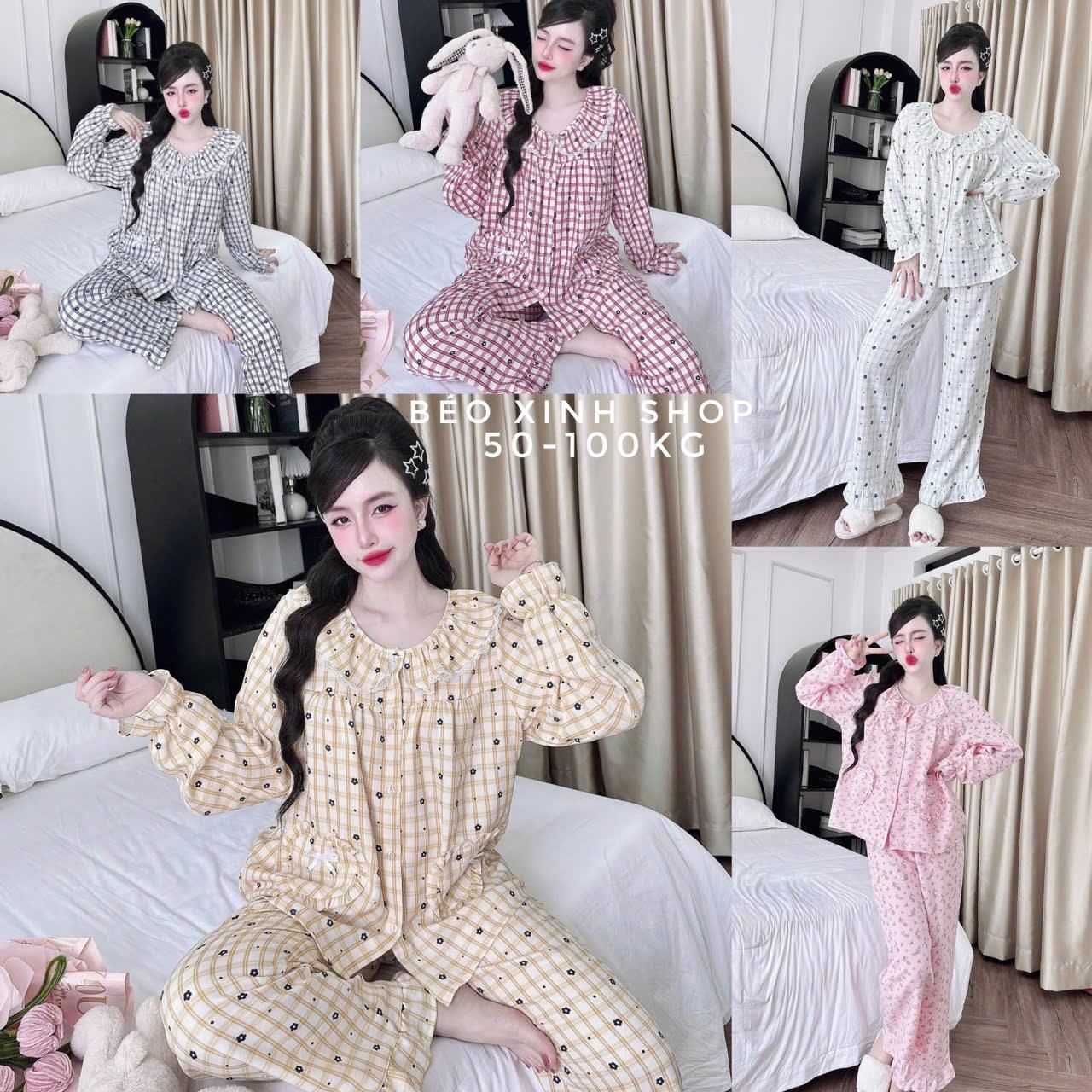 Đồ Bộ - Đồ Ngủ Tay Dài Quần Dài Vải Đũi Vân Mây Tiểu Thư Pijama Bigsize 50-100kg Bộ Ngủ Nữ Áo Ngủ Women Quần Ngủ - A.5643