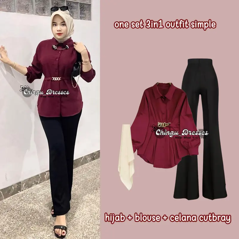 One Set 3in1 Blouse Rantai Celana Cutbray Hijab Segi Empat Setelan Korean Style CH Rein 124 0