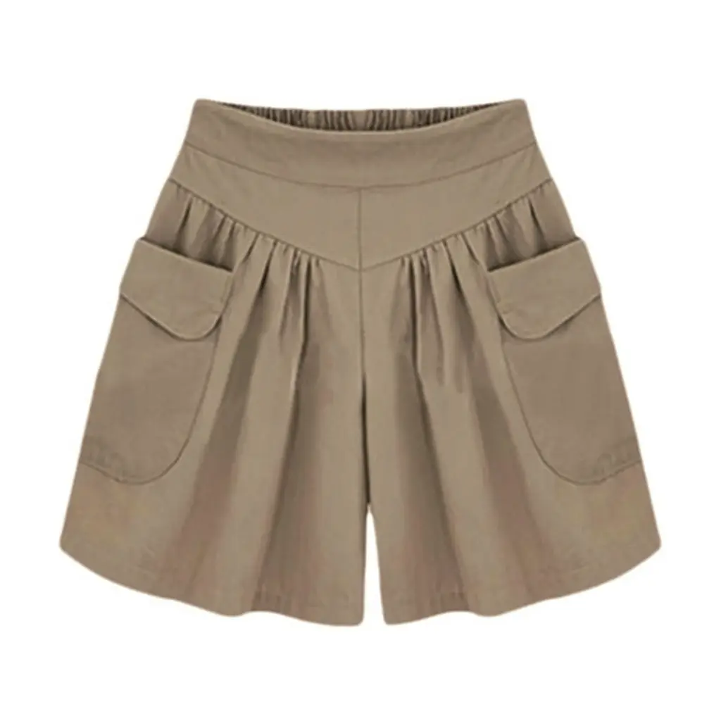 [Jn] Summer Women Plus Size Solid Color Elastic Waist Casual Loose Shorts with Pocket