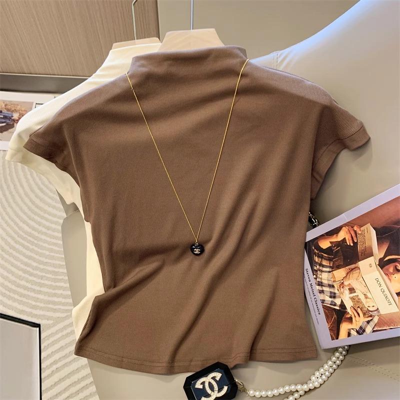 Kaus Kerah Tinggi Berusuk Coklat Muda Retro Kaus Pendek Ketat Modis Gaya Korea Atasan Wanita Baru Baju Jersey 2
