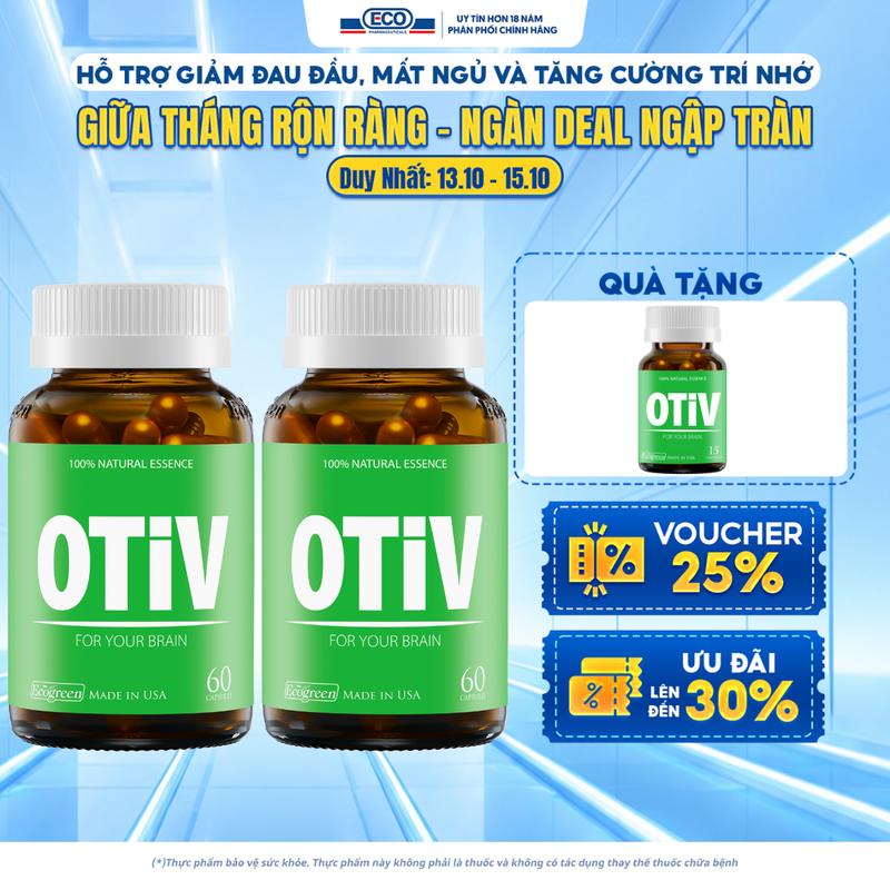 [Tặng 15v] Combo 2 Hộp 60v - Viên Uống Bổ Não OTiV Ecogreen Hỗ Trợ Giảm Đau Đầu, Mất Ngủ