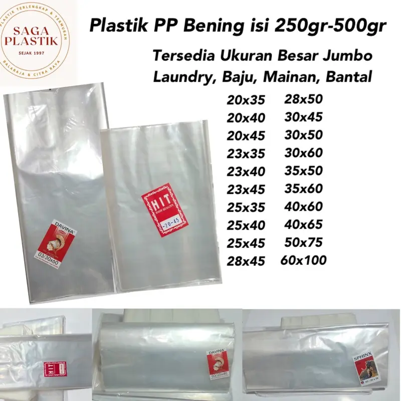 Plastik PP Bening Transparan Besar Jumbo untuk Laundry Baju Mainan Boneka Makanan Kerupuk Uk 20x35 20x40 20x45 23x35 23x40 23x45 25x35 25x40 25x45 28x45 28x50 30x45 30x50 30x60 35x50 35x60 40x60 45x65 50x75 60x100