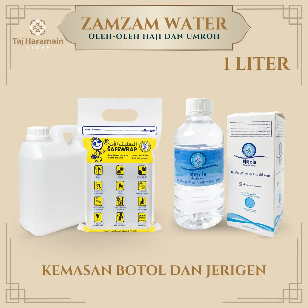 Air Zamzam 1 liter asli Arab Saudi kemasan Botol dan Jerigen Oleh oleh Haji dan Umroh Taj Haramain