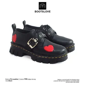 Mikihas Boots'Love - Sepatu Boots Skena Wanita Kekinian Vintage Shoes Hitam Kulit Sintetis Premium TPR Anti-Slip women boat Karet chunky Love Shoes