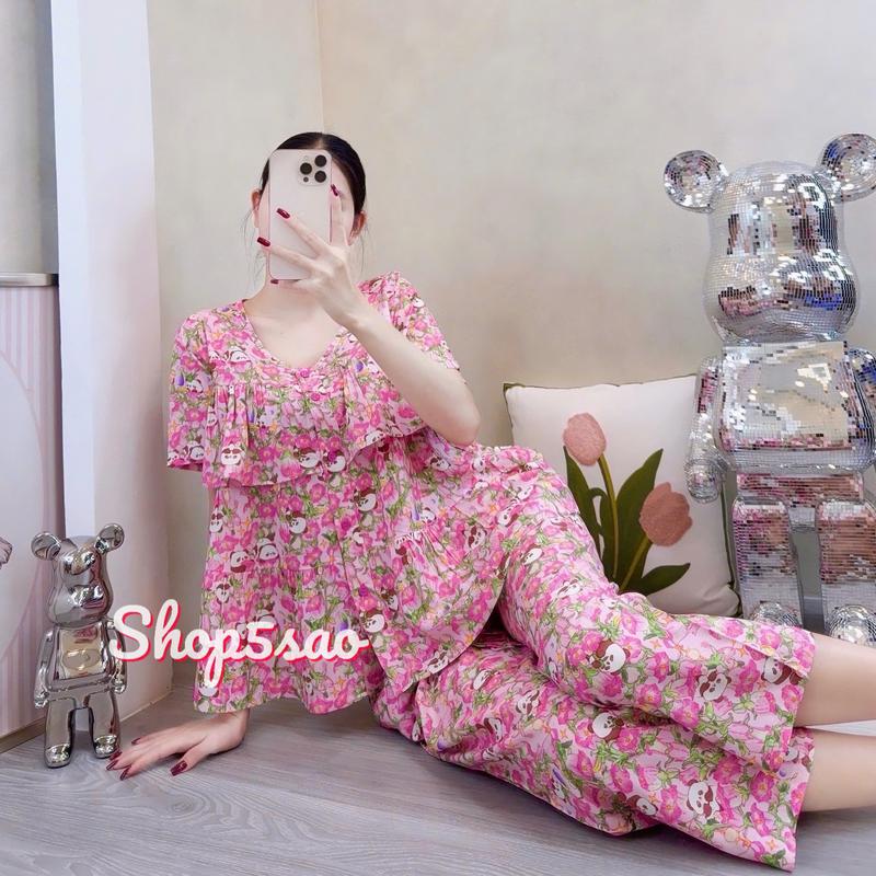 Đồ bộ tole nữ, bộ lanh mặc nhà áo babydoll tay ngắn bèo ngực, gài nút quần 8 tấc Shop5sao (43-75kg)