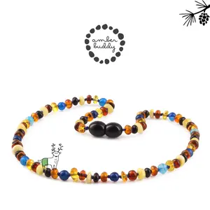 Amber Buddy | XR42M-BL Kalung Amber bayi kombinasi Blue Lace Agate. 32cm