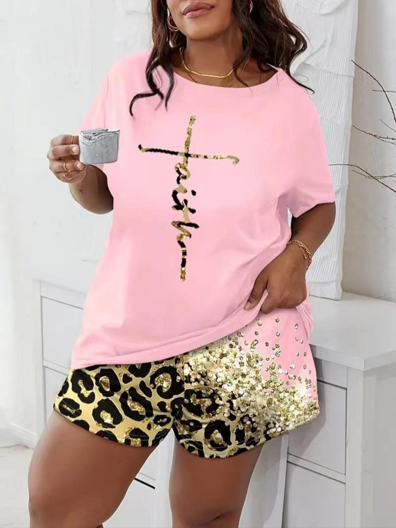 Product Introduction of Plus Size Graphic Print Summer Clothes Set, Casual Round Neck Short Sleeve Tee & Elastic Waist Shorts, Women's Two-piece Outfits, Co ord Set Summer 7