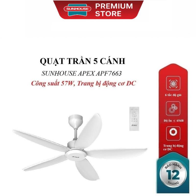 QUẠT TRẦN 5 CÁNH SUNHOUSE APEX APF7663, Trang bị động cơ DC, Cánh quạt 3D sải…