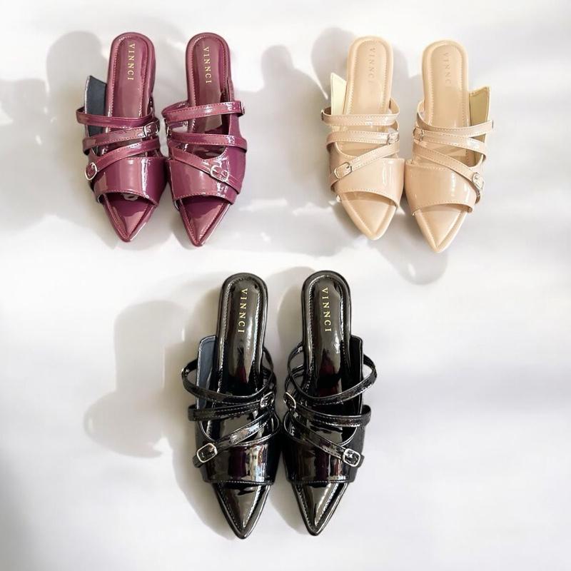 Nd 020  Sendal Mules Wanita Gasper Kekinian Cream,Black & Burgundy No Box Shoes Selop 1