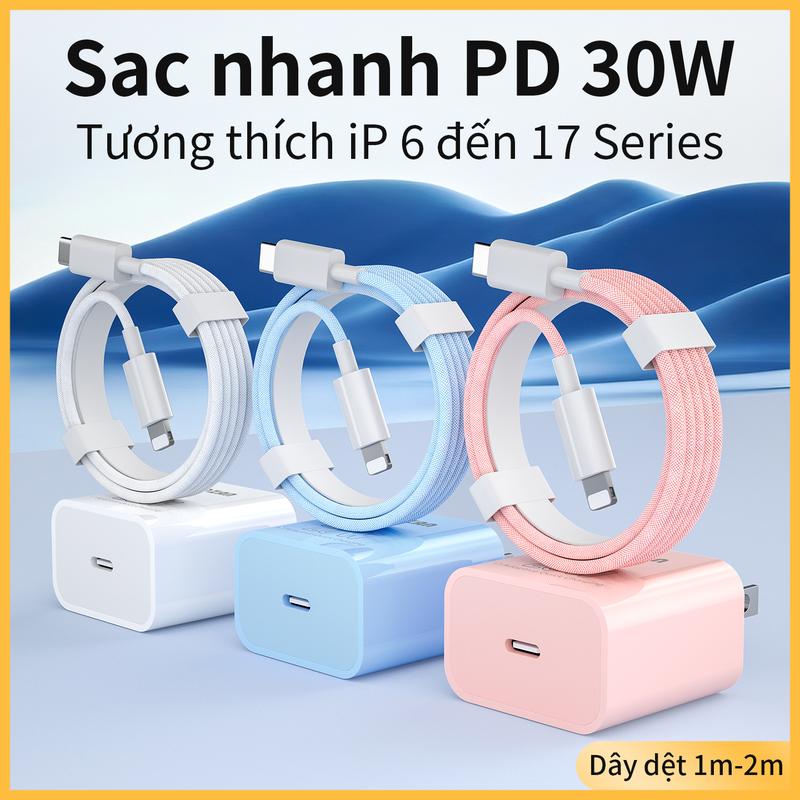 Sạc nhanh PD30W, Cáp sạc nhanh 1m/2m,Trắng / Xanh / hồng, Dây bọc dù, chắc chắn…