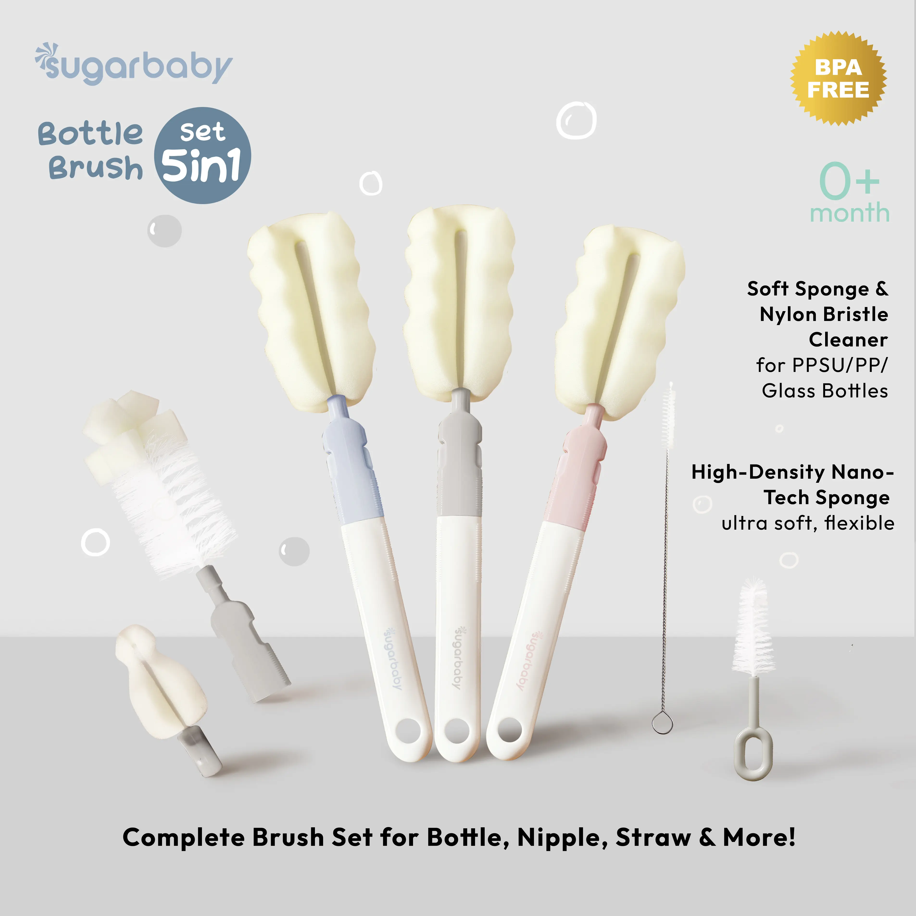 Sugarbaby Bottle Brush Set 5in1/ Set Sikat Botol Susu Bayi 5in1/ Sikat Botol Multifungsi 5in1