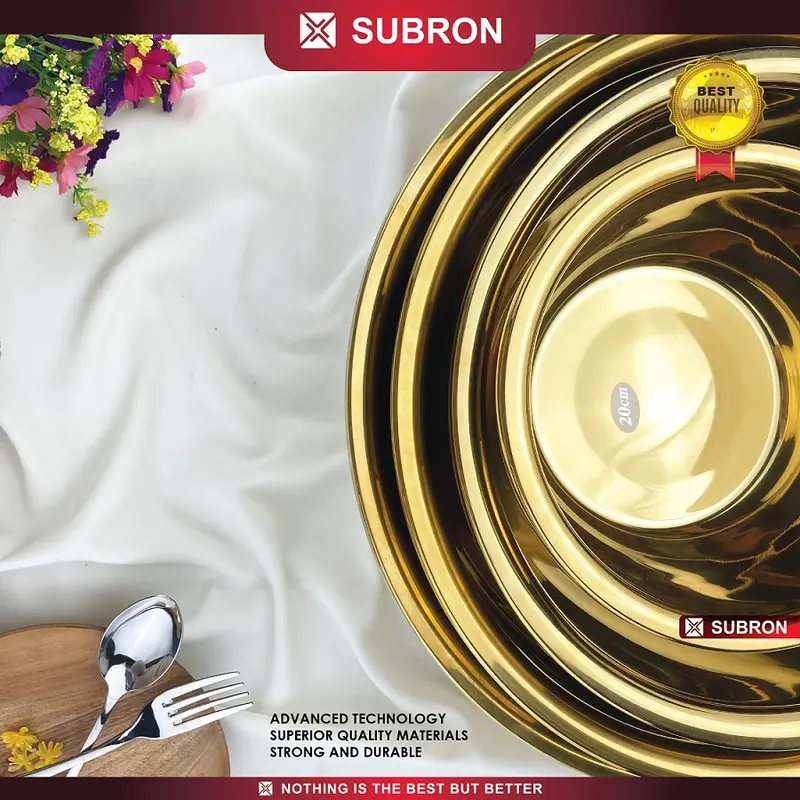 SUBRON Baskom Stainless Gold 24cm Tinggi Tebal Emas Multi Fungsi Wadah Sayur Cuci Daging Kilap Doff Steel 1
