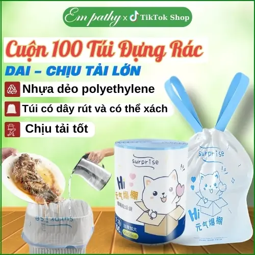 Cuộn 100 túi đựng rác có dây rút, Túi đựng rác sinh học có dây rút không rỉ nước chịu lực cao