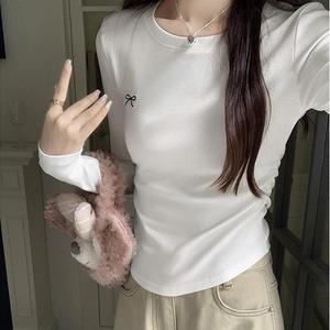 Women's Round Neck Long Sleeve T-Shirt, Fall New Folded Waist Slimming Bow Embroidery Sweet Spicy Chic Top 7684# Womenswear Basic Casual Crewneck Minimalist White