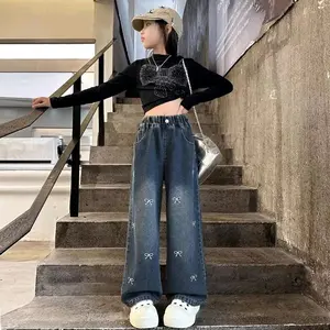 Celana Kulot Jeans Anak Perempuan Skena Style - Bordir Pita Lucu Usia 6-13 Tahun - Highwaist Denim Kids