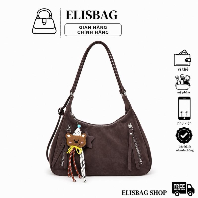 Túi tote túi đeo vai da nhung lộn phối khoá sườn size28 ELISBAG103