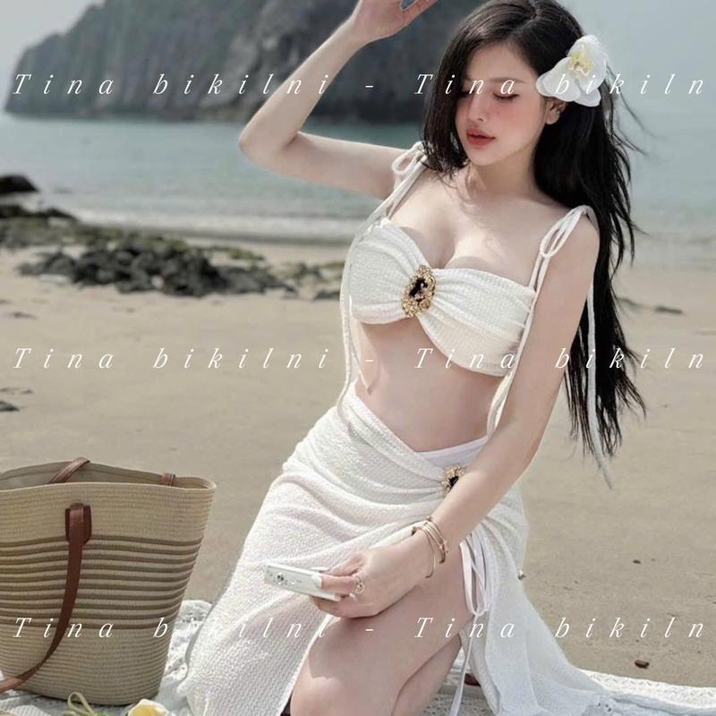 TINA-Bikini Đồ Bơi  (3 Món) Hai Tang Vàng  Đi Biển Quyến Rũ Kiểu Dáng Đơn Giản FreeSize (dưới 62kg) Mã  Nữ Women Áo