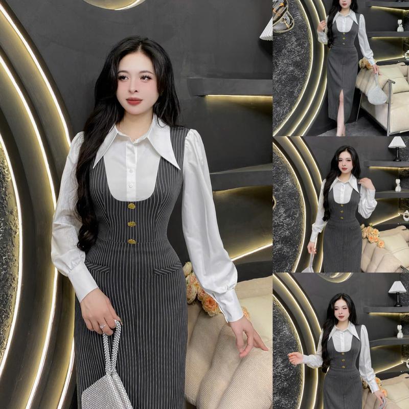 D43 - Váy Thiết Kế Evii dành cho nữ, Đầm thiết kế kẻ cổ nhọn dài tay, dáng bút chì xuông xẻ trước phù hợp đi làm, đi chơi và đi dự tiệc. Có Bigsize Women Dress