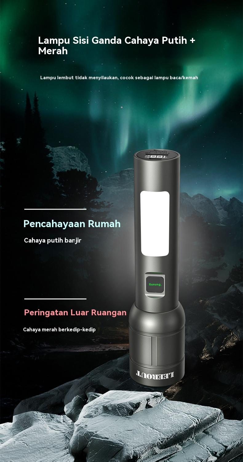 LEEROUT FlashlightSenter Terterang LED 1500 Lumen Super Terang Zoom TeleskopikDengan lampu peringatan Jangkau panjang