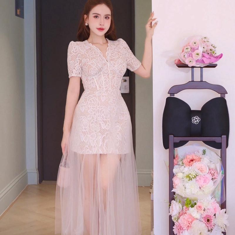 [Kiều Linh]-Váy Maxi Dự Tiệc Thiết Kế Cổ V KL551 chất liệu Ren Hoa Thêu phối chân váy Lưới, 2 Lớp Lót, Giấu Đường May