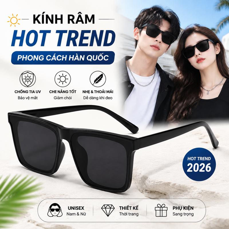 Kính Râm Unisex Vuông Thời Trang Hàn Quốc, Kính Mát Chống Tia UV, Phụ Kiện Hot Trend Cho Nam Nữ