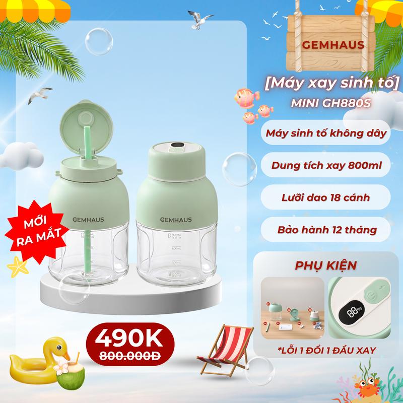 Máy xay sinh tố dùng pin sạc mini Gemhaus GH880s dung tích xay 800ml, dung tích đựng nước 1100ml, nhỏ gọn, tiện lợi, có kèm dây đeo cổ và nắp đậy, bảo hành 12 tháng, đầu xay lỗi chỉ đổi không sửa