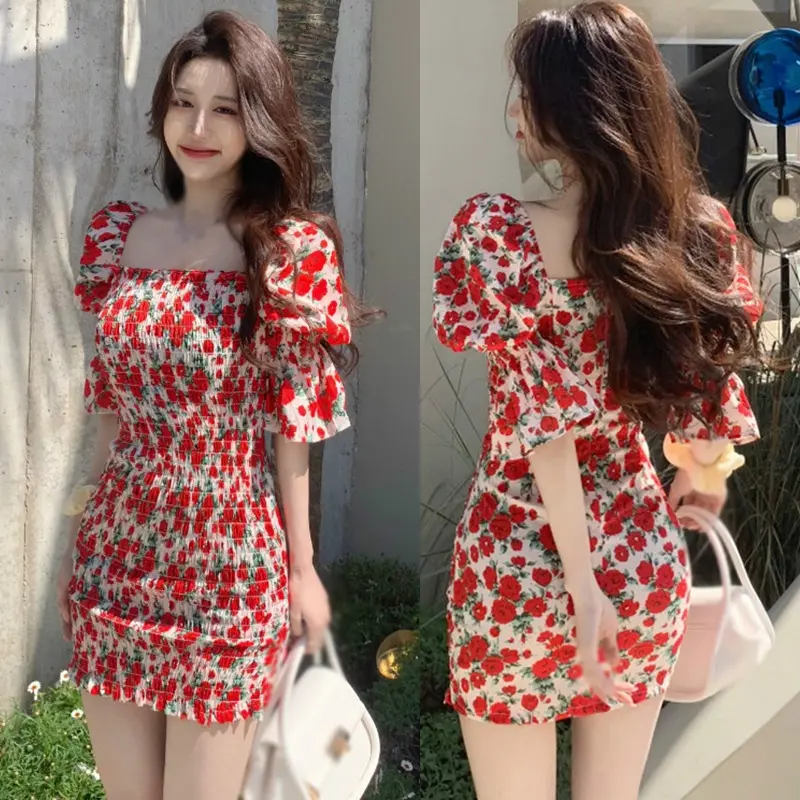 Women's square neck floral dress French retro waist and hip long sleeve dress