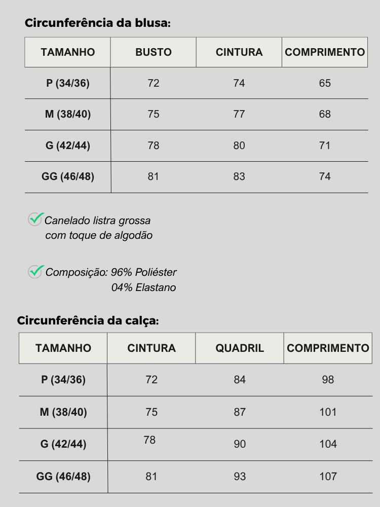 Tabela de medidas — Conjunto Canelado Calça Com Bolso e Blusa Fenda Lateral Manga Curta Elegante Casual Premium