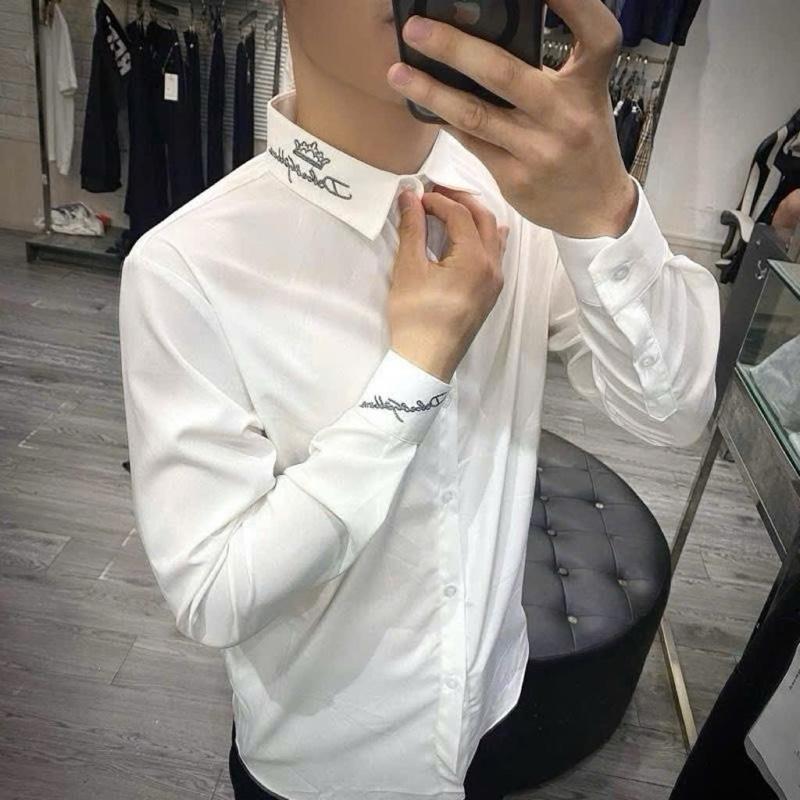  Áo sơ mi trắng dài tay nam nữ TA89 DÊ VÀ GÀ trơn phối viên cổ và cổ tay dệt chữ kí vương miện kim tuyến nhũ dầy dặn boy phố SM202 