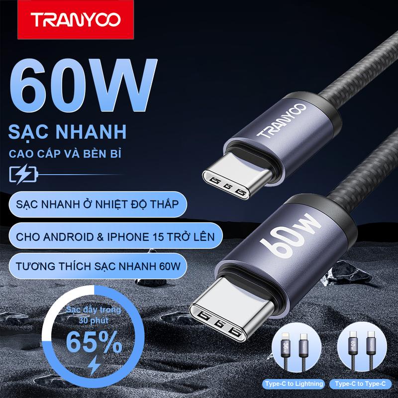   TRANYOO  Dây Sạc Nhanh 60W Type-C P21 1M Sạc Nhanh Cho Iphone sạc an toàn ở nhiệt độ thấp  bảo vệ dây sạc chống oxy hóa không dễ đứt Phụ Kiện Sạc Điện Thoại 