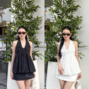 Cassie-Claudy Top Polkadot || Casual Polka Top || Ribbon Top || Atasan Wanita Tanpa Lengan Nyaman