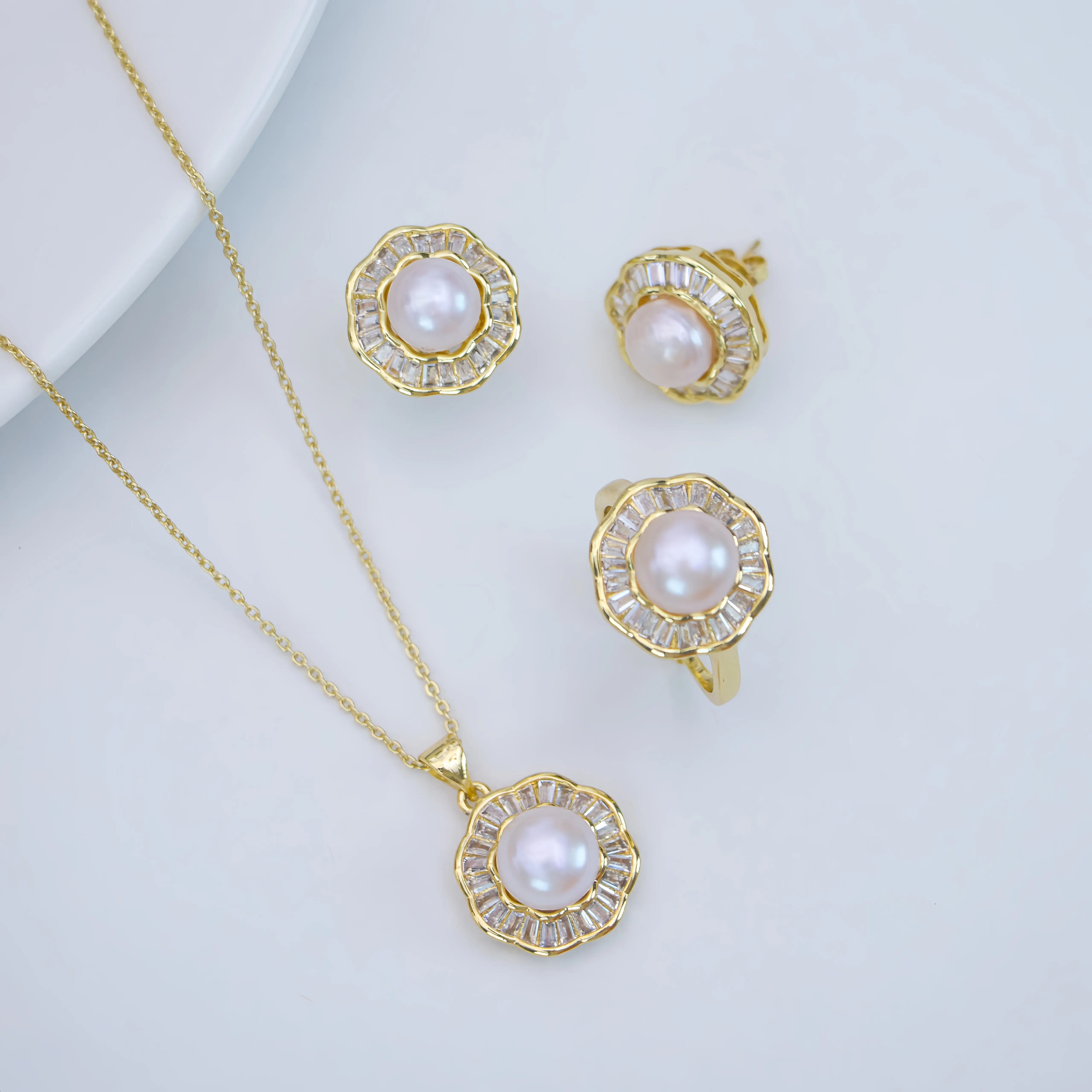ShuiYu 7-8MM Freshwater Seedless White Pearl Pendant StudEarrings Ring Three-Piece Alloy ZH13005