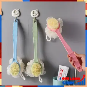 OLS Sikat Mandi Dua Sisi Spon Bulu Lembut Gagang Panjang Shower Puff + Sikat Gosok Punggung 2 in 1 Penghilang Daki Bersih