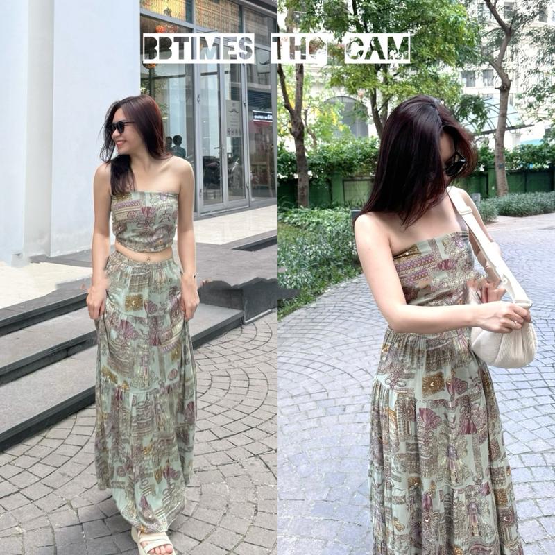 Set Áo Quây + Chân Váy Maxi vải lanh hoạ tiết thổ cẩm