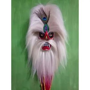 Ganongan Ponorogo Muka Merah Mata Kaca Rambut Full Putih Ukuran Dewasa Mahkota Merak Kayu Sintetis