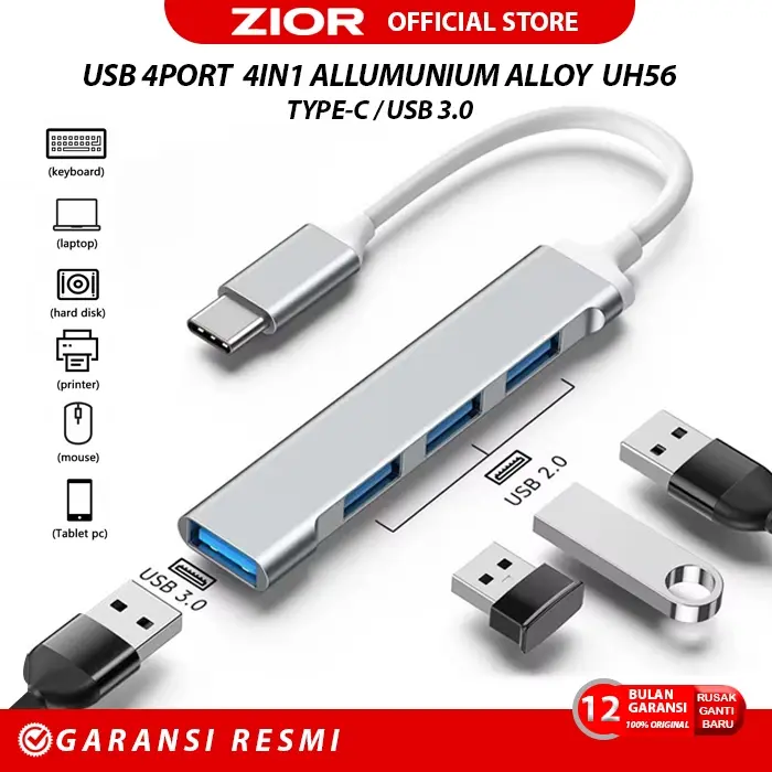 ZIOR UH56 Type C USB 4in1 Hub Port Macbook Type C / USB 3.0 Hub 4 Port High Speed / USB Hub Adaptor 4 Slot Data Splitter USB 3.0