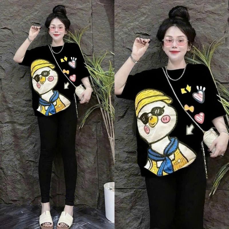 { Chất Liệu Tăm QC } Set Đồ Bộ Nữ Quần Dài Ôm + Áo Thun Form Rộng In HOẠT HÌNH VỊT ĐEO MK Bigsize 45-85KG Mặc Nhà Đi Chơi TOP NU