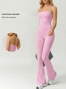 Mono sin mangas de cintura alta para mujer, con tirantes ajustables, ajuste entallado, nylon elástico suave, equipo casual para entrenamiento en todas las estaciones
