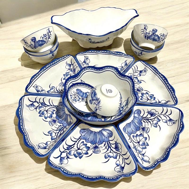  Sét bát đĩa thắp hương  bộ chén đĩa hoa mặt trời cao cấp hoa văn hoạ tiết Sen sét thuyền gà 16 chi tiết 