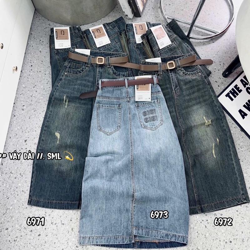  Chân váy jean QC form thêu CI lưng cao hàng không giãn sẻ sau dài 80cm 