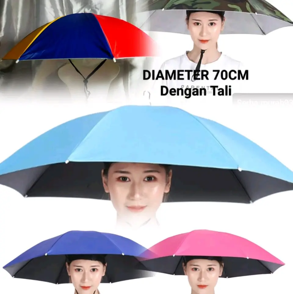Payung Topi Anti UV Diameter 70Cm Payung Topi Kepala Plastik Hijau Army untuk Dewasa dan Anak2 dengan Lapisan Silver Anti UV Cocok untuk Outdoor